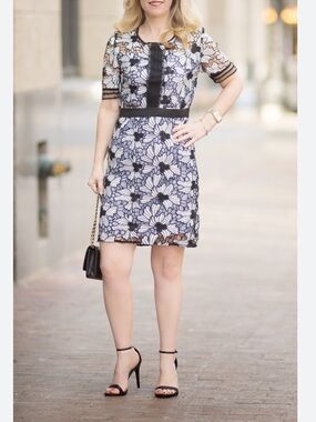 Aqua Black White and Blue Floral Crochet Lace Mini Dress